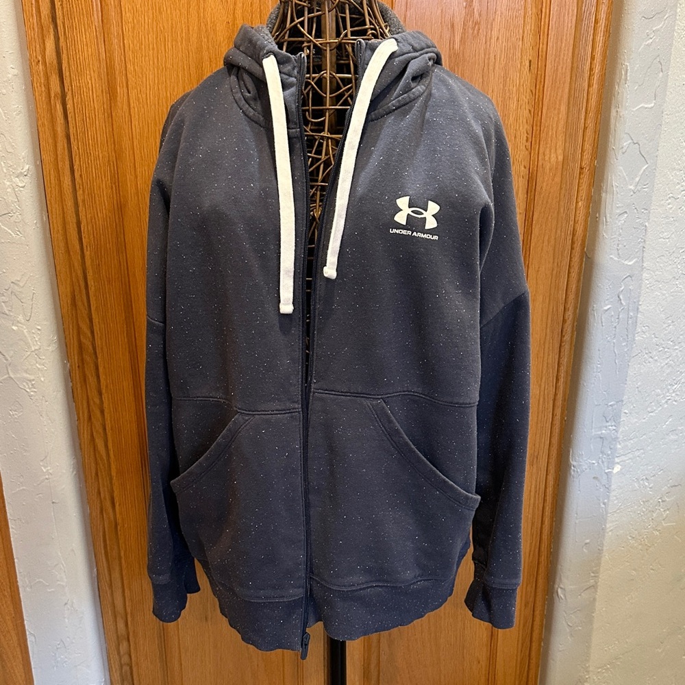 Under Armour Charcoal Zip Hoodie with White Logo and Drawstrings